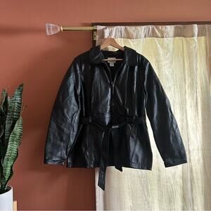 Vintage East 5th 100% Leather Jacket 90s Grunge Belted Chic Black Collar Size XL